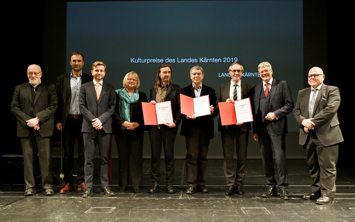 Verleihung Kulturpreise des Landes Kärnten 2019 mit LH Dr. Peter Kaiser. Anke Bosse, Bruno Sitter, Hans Mosser, Hartwig Wetschko, Peter Kaiser, Igor Pucker