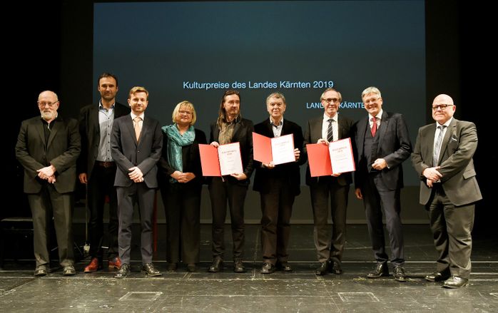 Verleihung Kulturpreise des Landes Kärnten 2019 mit LH Dr. Peter Kaiser. Anke Bosse, Bruno Sitter, Hans Mosser, Hartwig Wetschko, Peter Kaiser, Igor Pucker