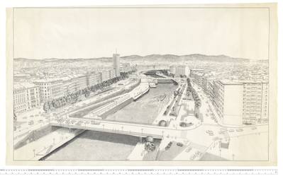 Viktor Hufnagl, Perspektive Donaukanal, Wien, ca. 1975, Tusche auf Transparentpapier, 109 x 66 cm.