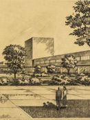 Ernst Plischke im Department of Housing Construction: Community Centre Naenae (Lower Hutt), Perspektive eines Innenhofes mit Geschäften (ca. 1947) – © EAP Nachlass Akademie der bildenden Künste, Wien