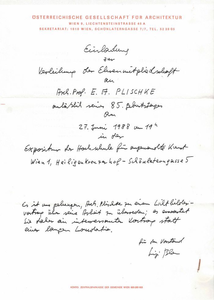 Handschriftliche Einladung zur Verleihung der Ehrenmitgliedschaft an E.A. Plischke von Luigi Blau, 1988