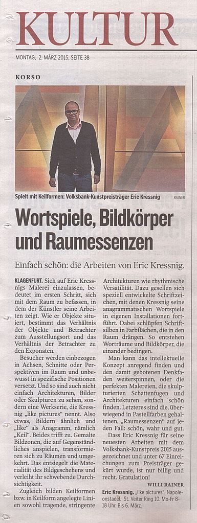 Kleine Zeitung_2015.03.02_"Wortspiele, Bildkörper und Raumessenzen"